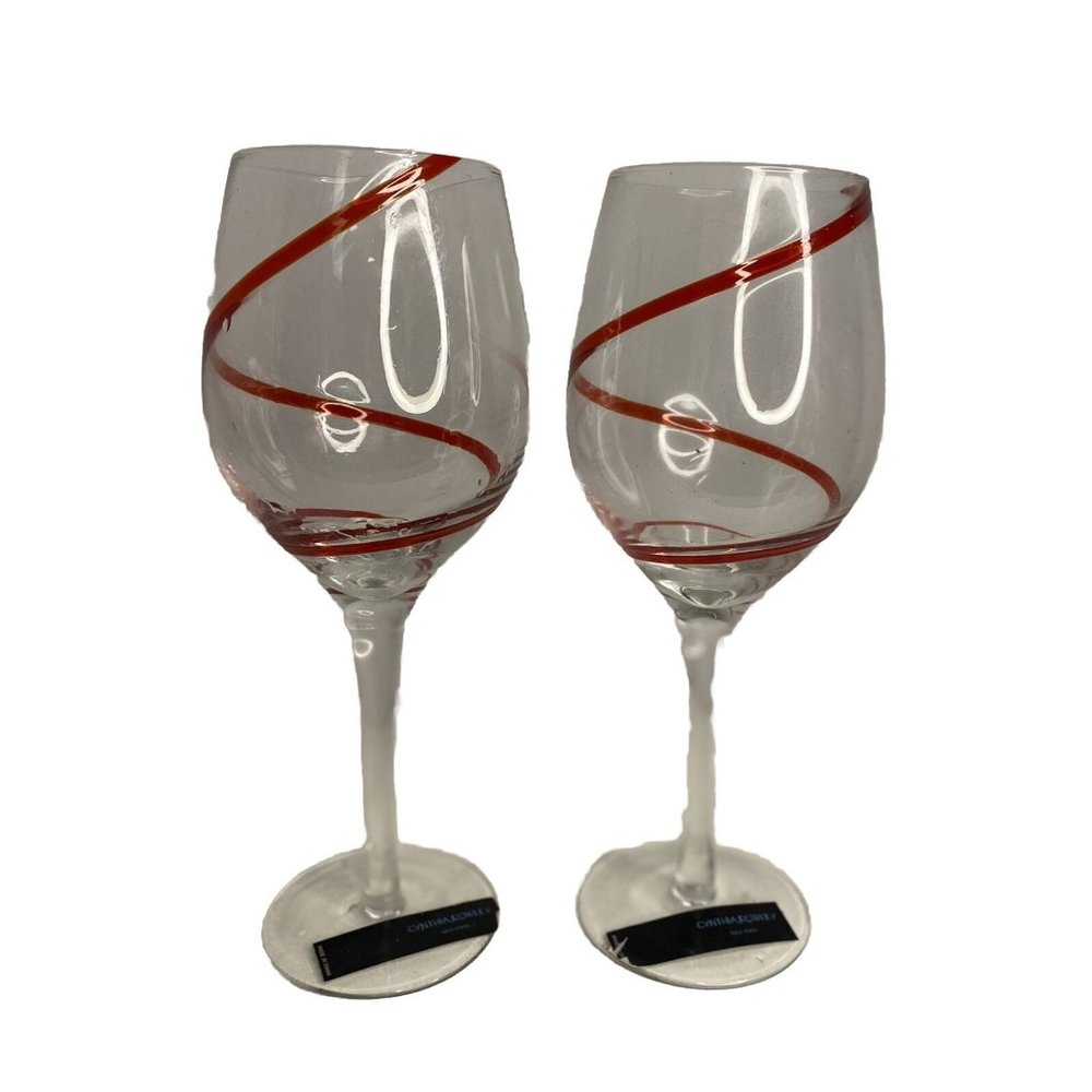 Rowley Red Swirl Stemmed Wine Glasses Lg Bordeaux Holiday Christmas